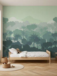 Papier peint panoramique Forêt tropicale dans la brume posé au mur, vue 2