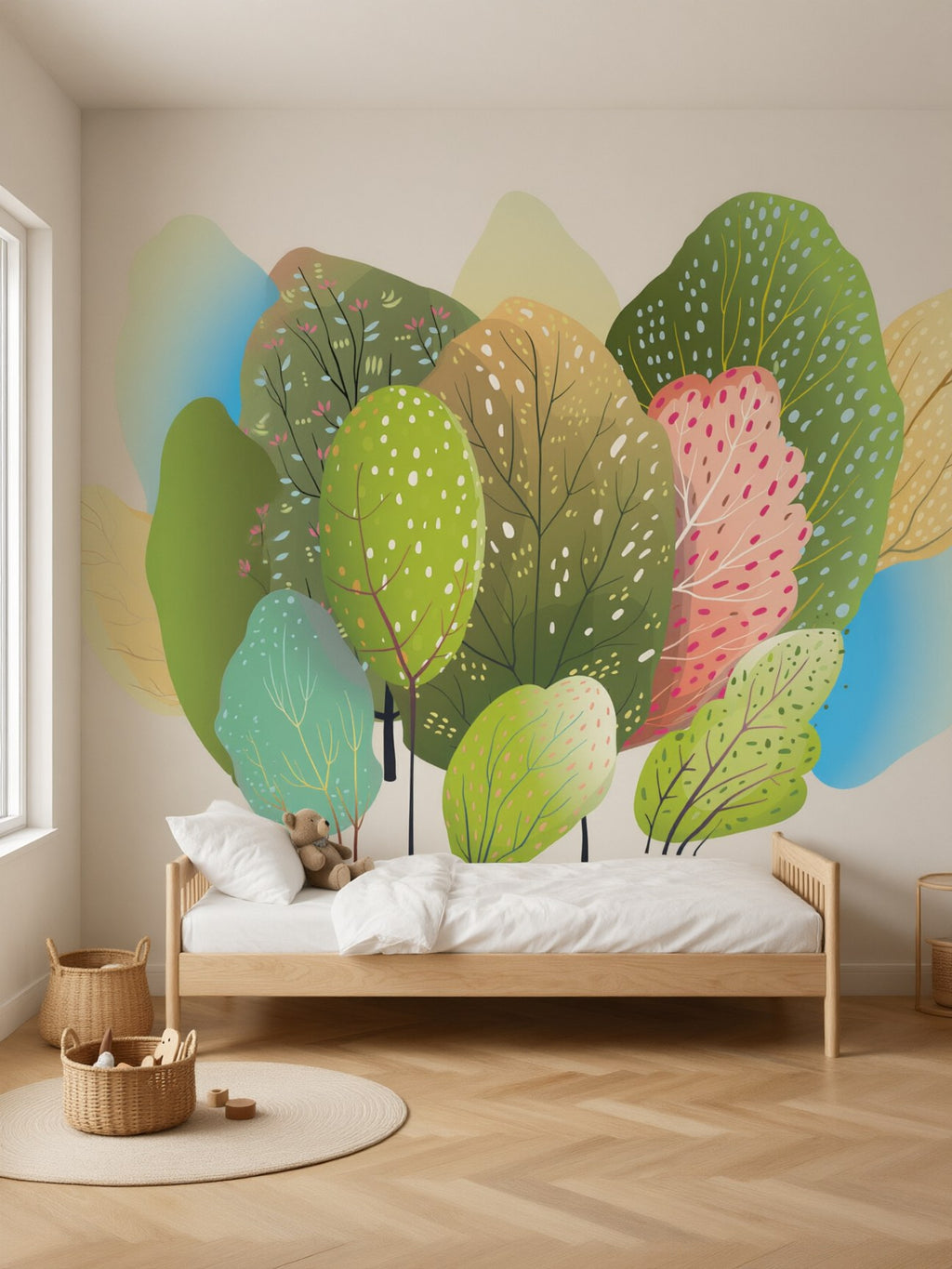 Papier peint panoramique Arbres colorés posé au mur, vue 2