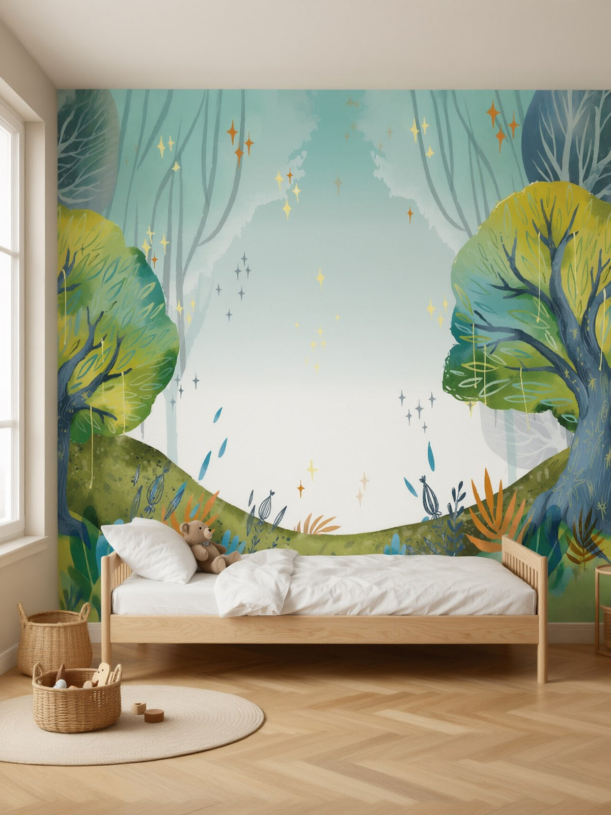 Papier peint panoramique Arbres enchantés posé au mur, vue 2