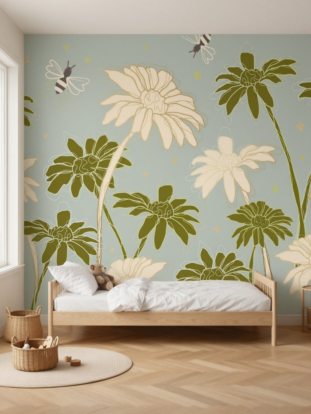 Papier peint panoramique Marguerites et abeilles posé au mur, vue 2