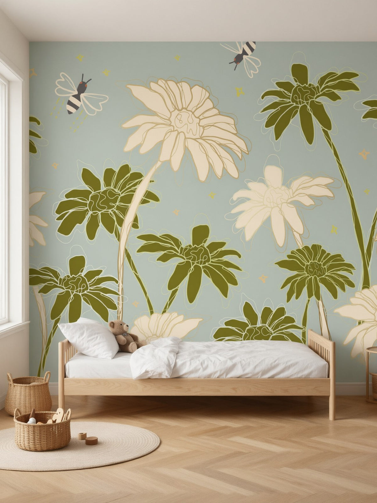 Papier peint panoramique Marguerites et abeilles posé au mur, vue 2