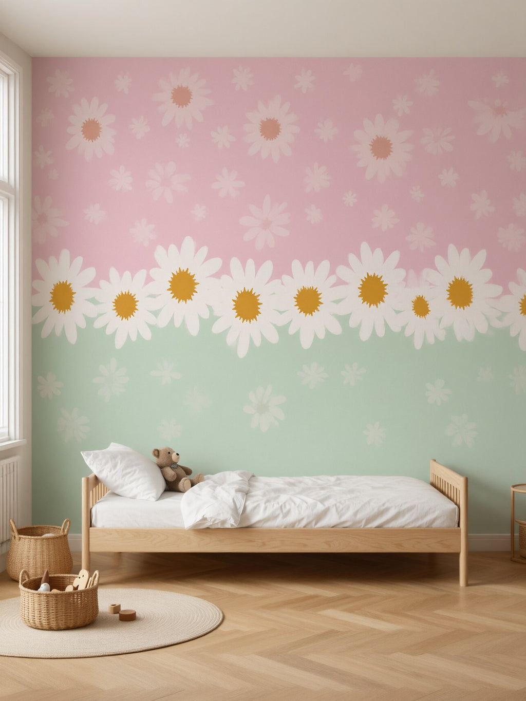 Papier peint panoramique Frise de marguerites posé au mur, vue 2