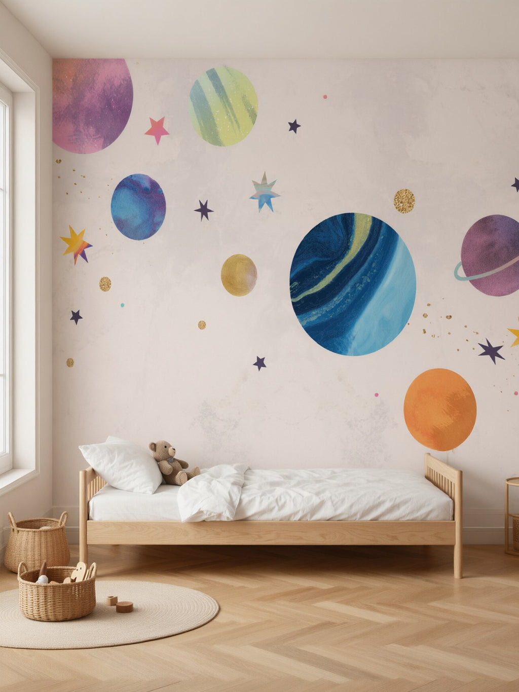 Papier peint panoramique Planètes posé dans une chambre d'enfant