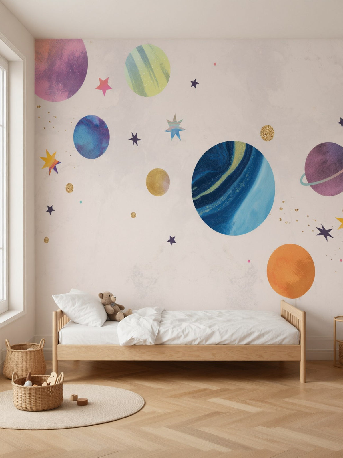 Papier peint panoramique Planètes posé dans une chambre d'enfant