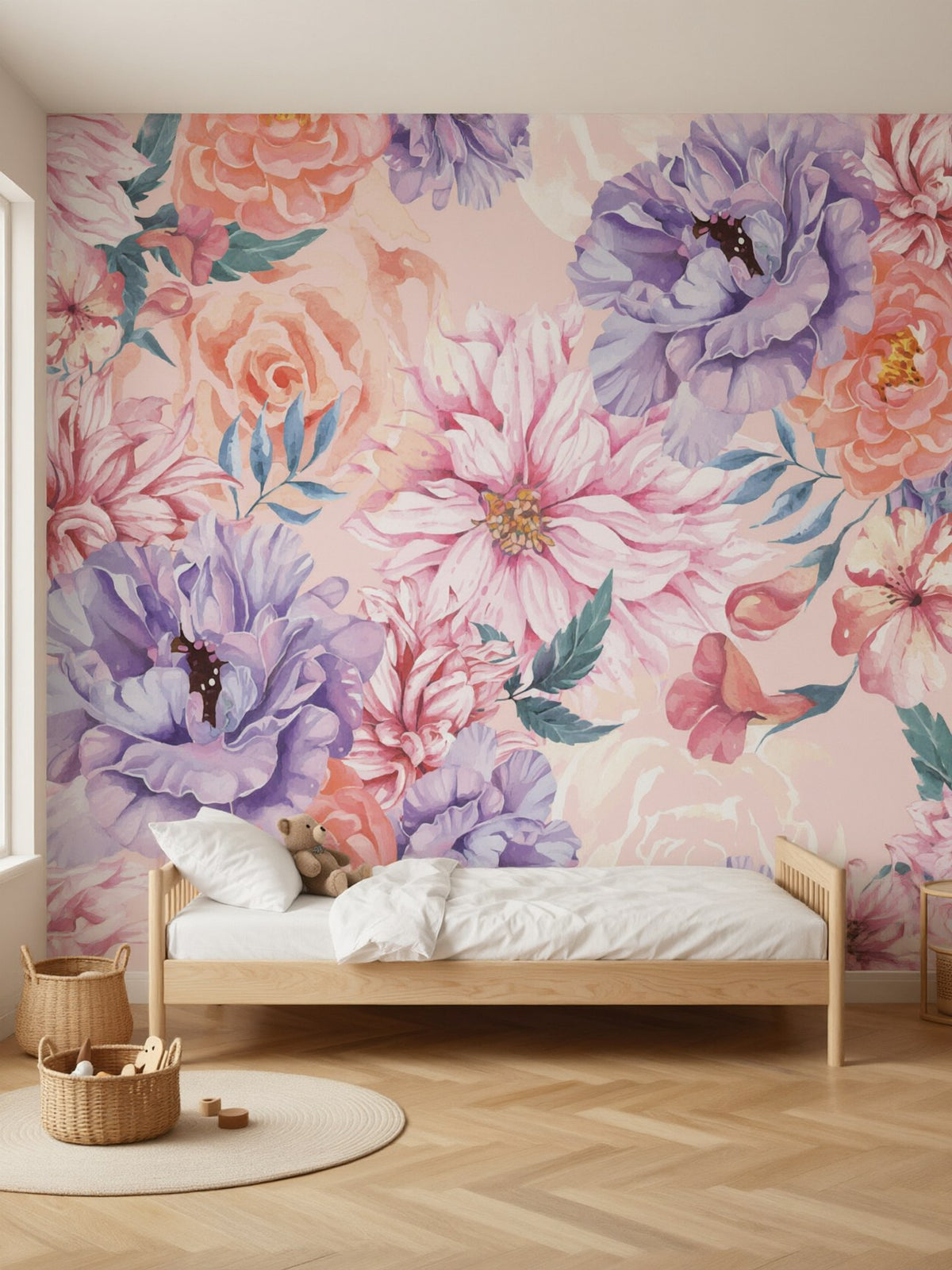 Papier peint panoramique Pivoines aquarelle posé au mur, vue 2