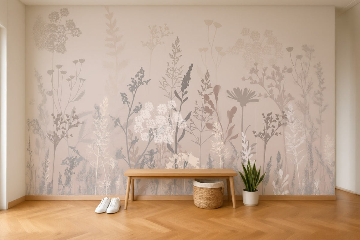 Papier peint panoramique prairie beige dans la brume posé dans une entrée