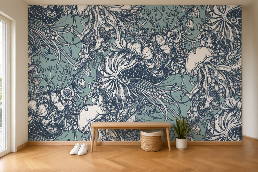 Papier peint panoramique Océan gravé posé au mur, vue 2