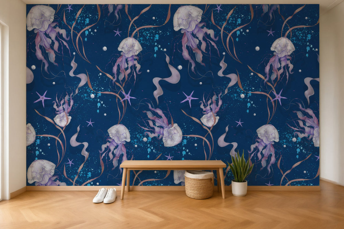 Papier peint panoramique Méduses posé au mur, vue 2