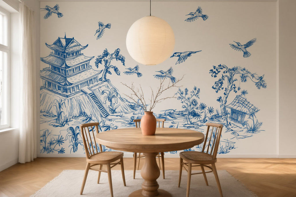 Papier peint panoramique pagode — jardin chinois en camaïeu de bleu
