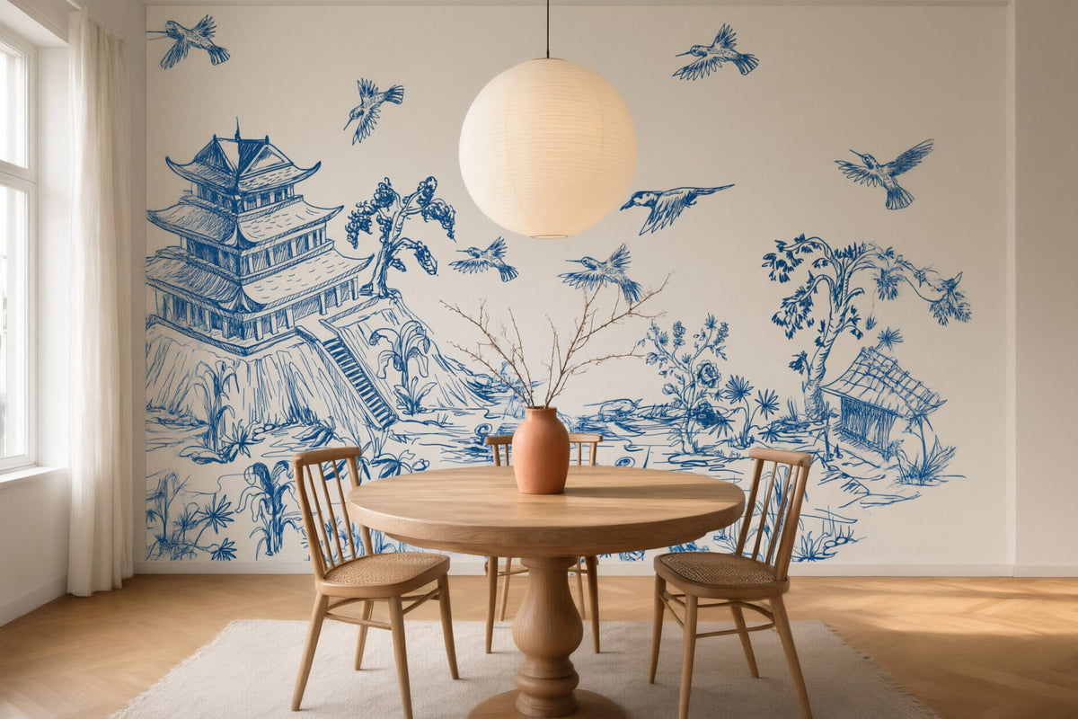 Papier peint panoramique pagode — jardin chinois en camaïeu de bleu