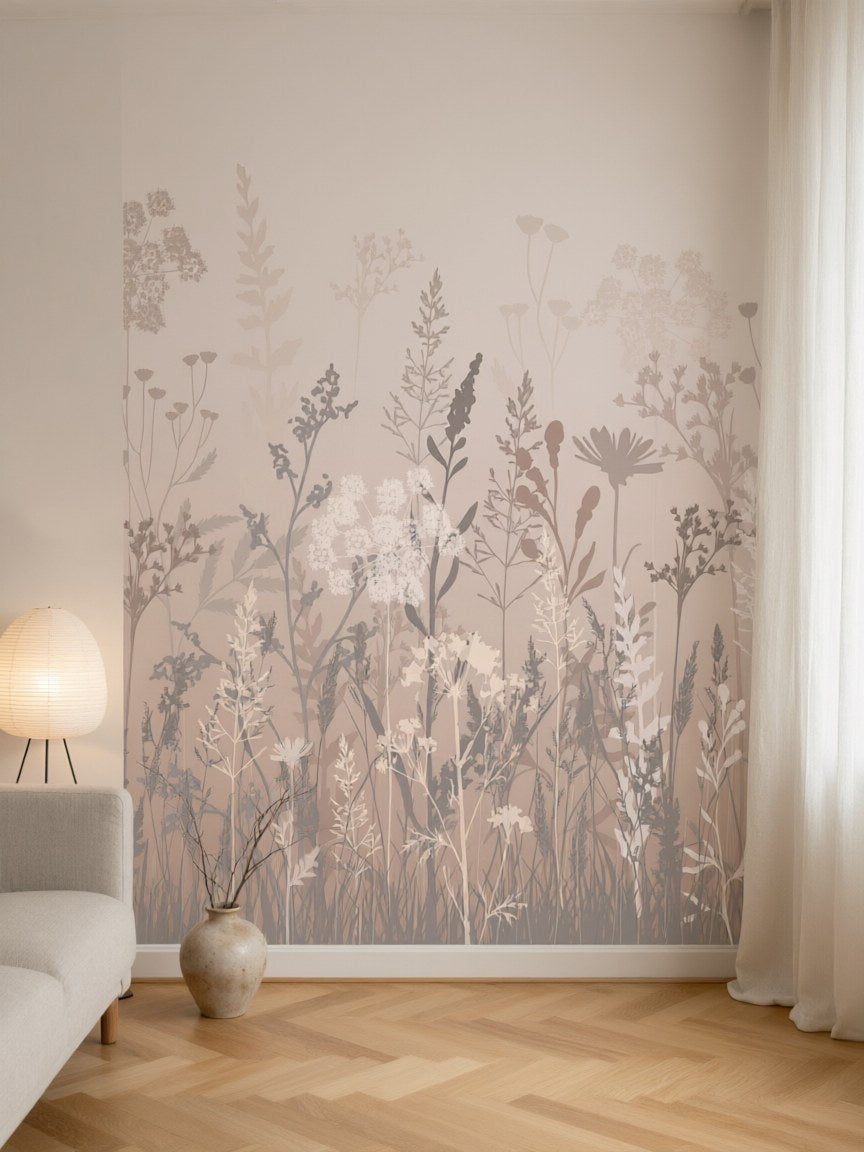 Papier peint panoramique prairie beige dans la brume posé dans un salon