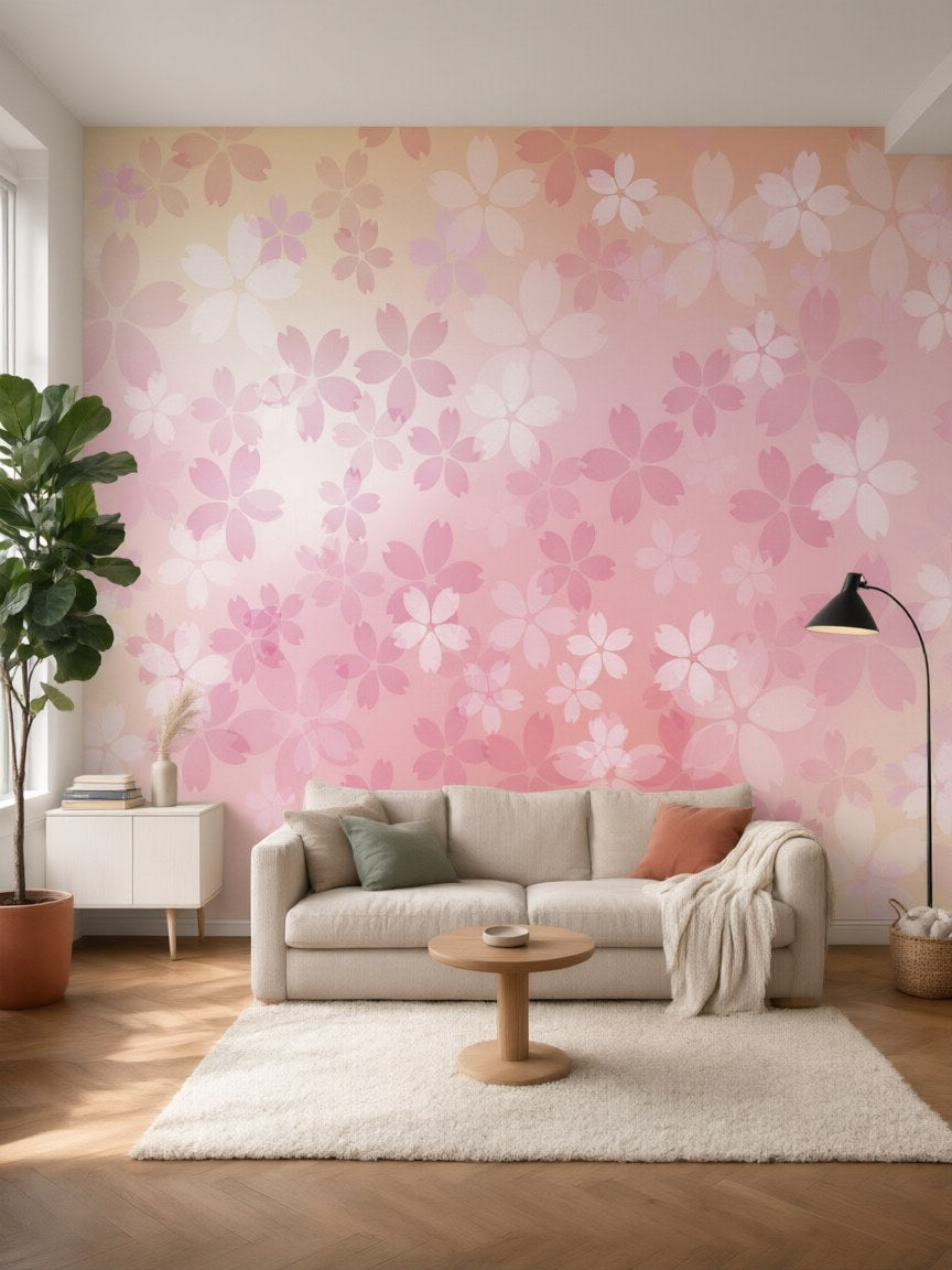 Papier peint panoramique Fleurs roses aquarelle posé au mur, vue 5