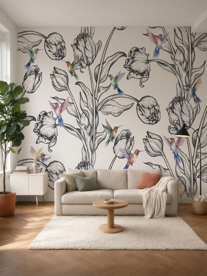 Papier peint panoramique Tulipes et colibris posé au mur, vue 5
