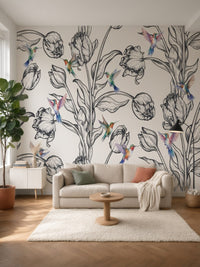 Papier peint panoramique Tulipes et colibris posé au mur, vue 5