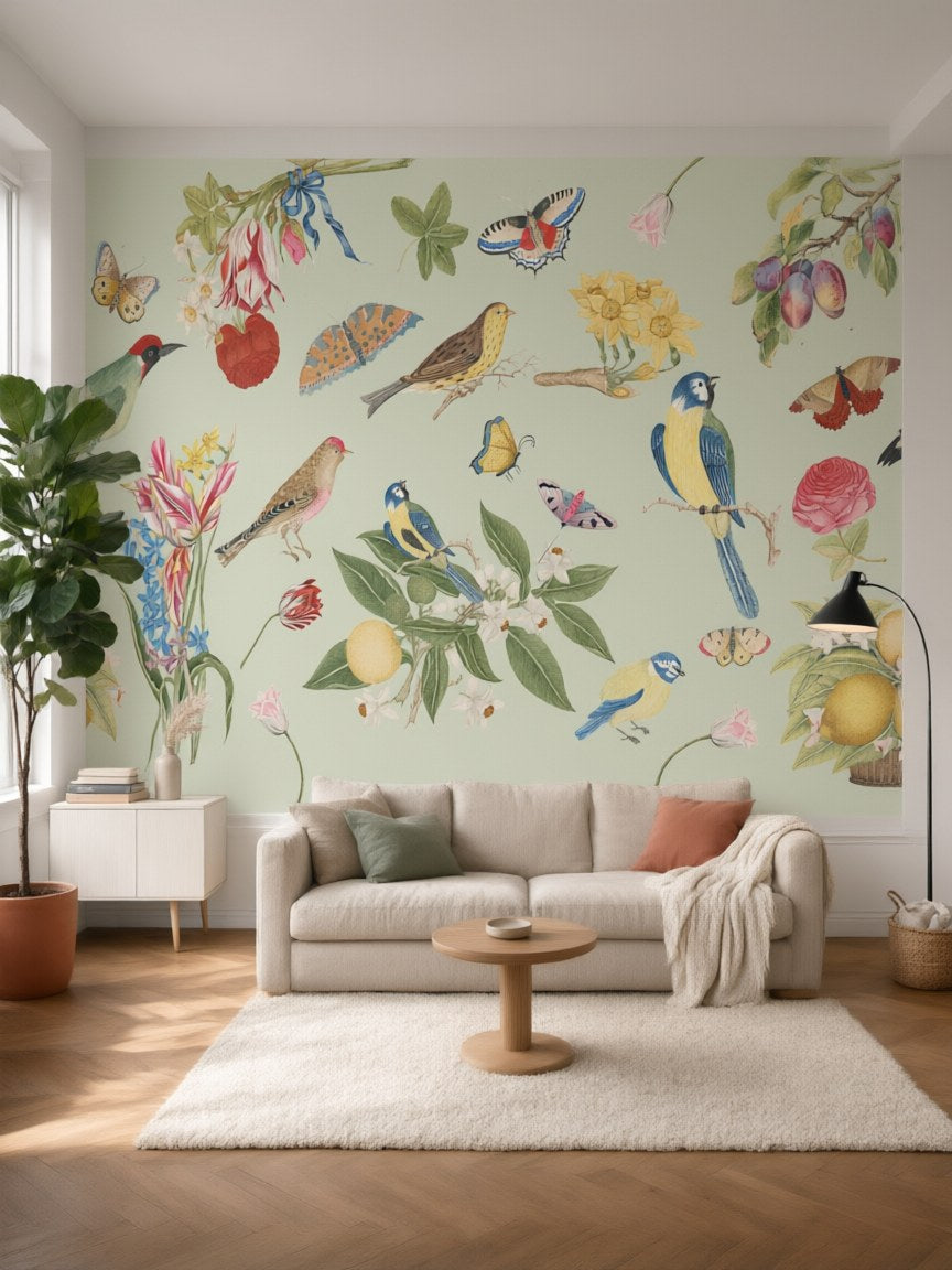 Papier peint panoramique Oiseaux et fruits posé au mur, vue 5