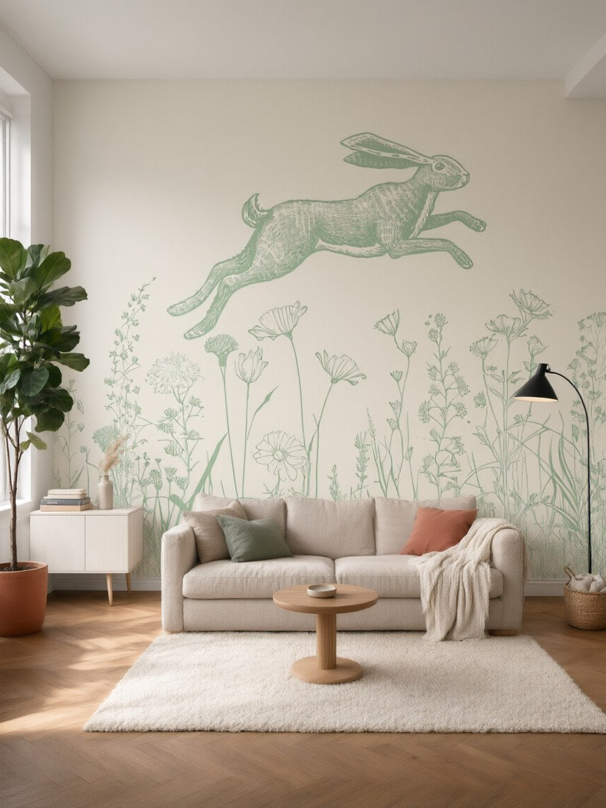 Papier peint panoramique Lièvre et herbes folles posé au mur, vue 5