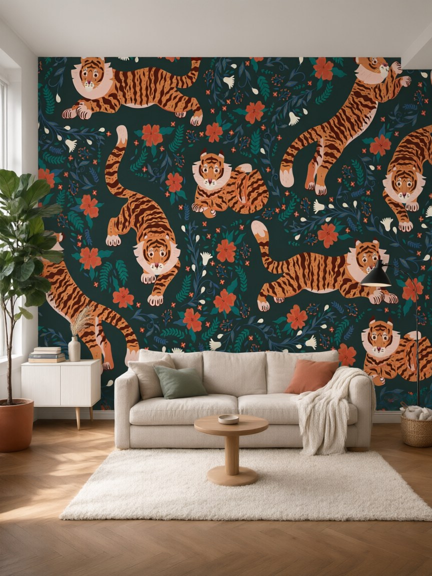 Papier peint panoramique Tigres et fleurs posé au mur, vue 5