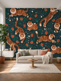 Papier peint panoramique Tigres et fleurs posé au mur, vue 5