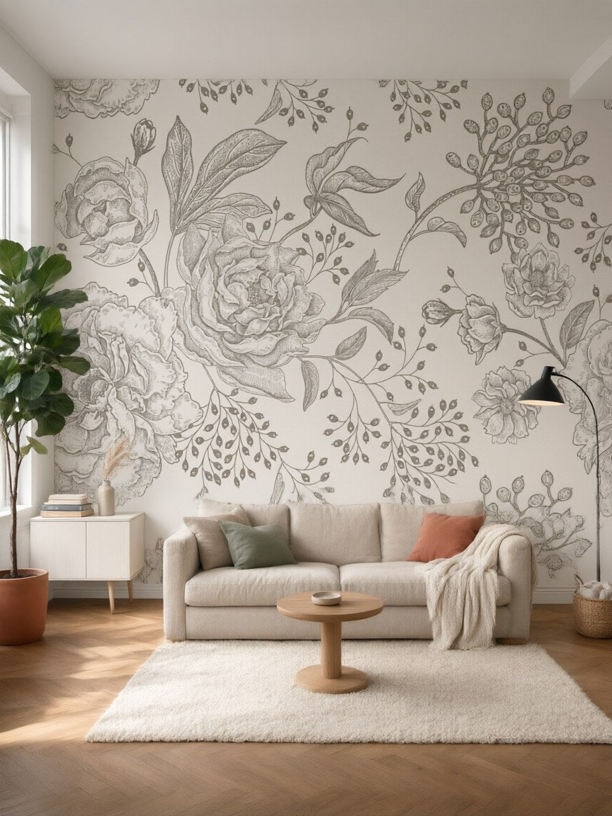 Papier peint panoramique Fleurs gravées posé au mur, vue 5