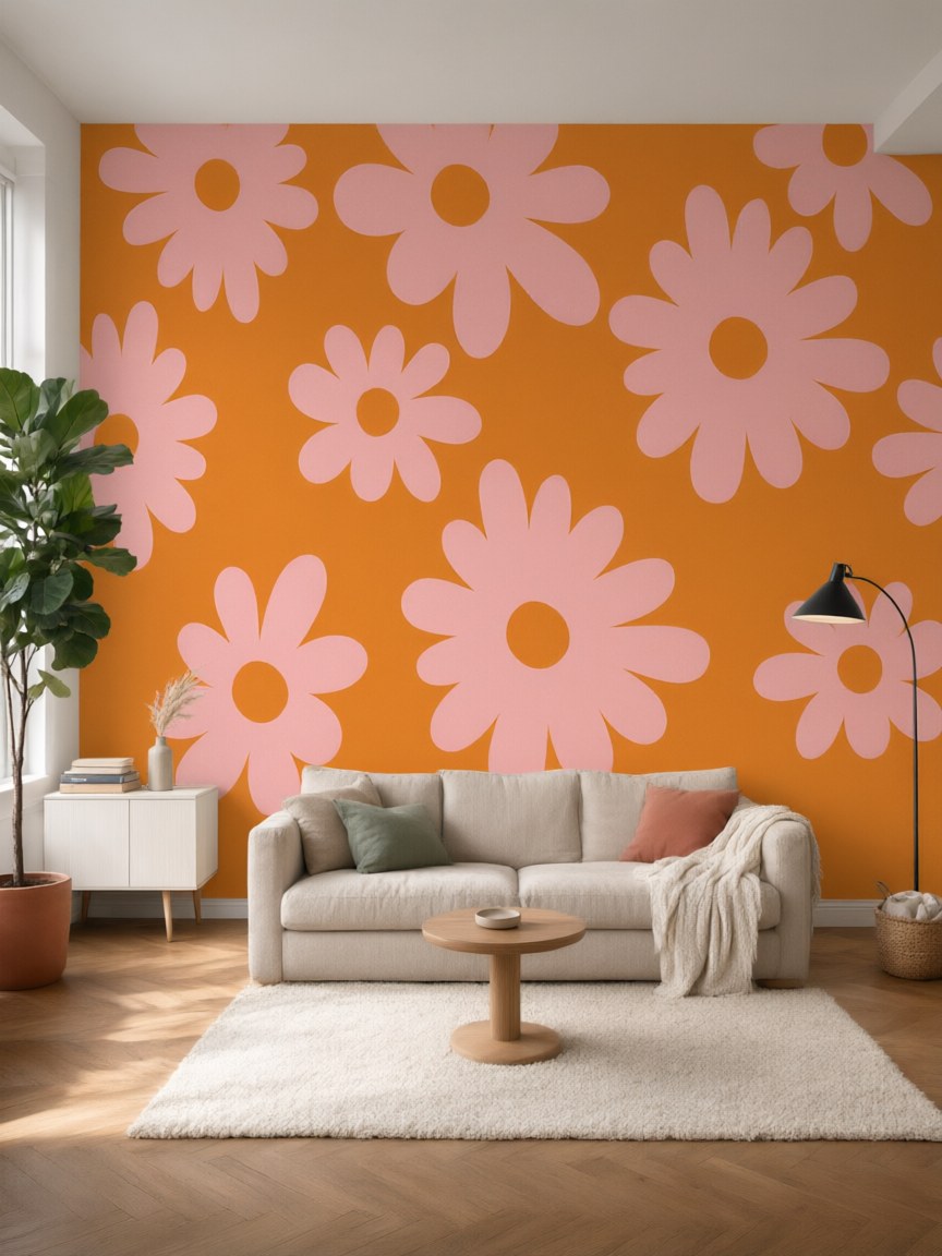 Papier peint panoramique Fleurs rétro posé au mur, vue 5