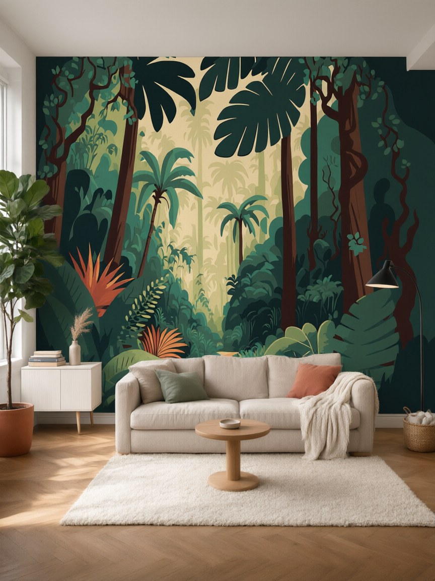 Papier peint panoramique Forêt tropicale posé dans un salon