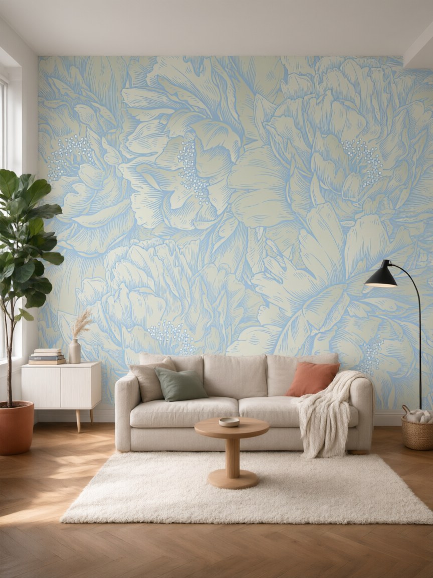 Papier peint panoramique Pivoines ton sur ton posé au mur, vue 5