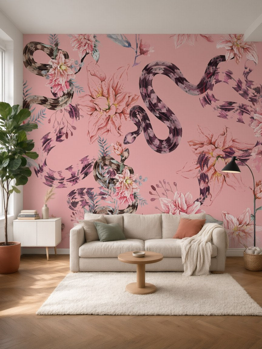 Papier peint panoramique Serpents fleuris posé au mur, vue 5