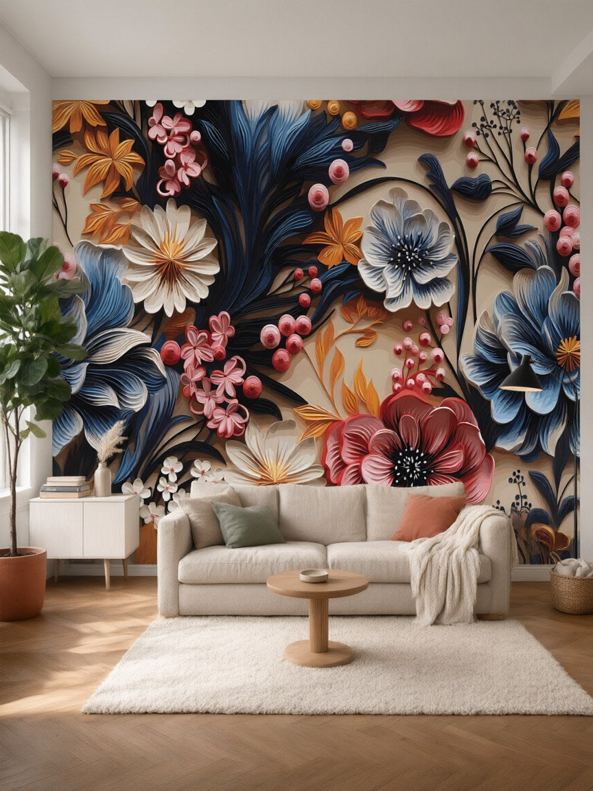 Papier peint panoramique Fleurs en relief posé au mur, vue 5