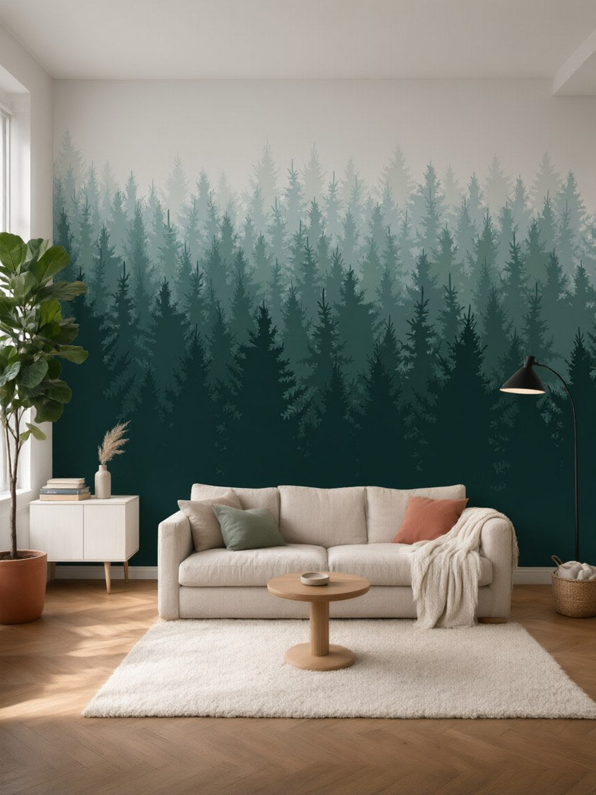 Papier peint panoramique Sapins dans la brume posé au mur, vue 5