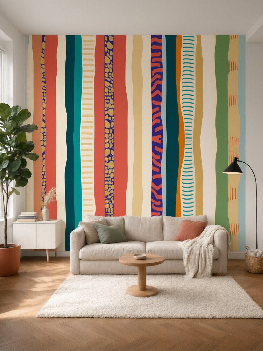 Papier peint panoramique Rayures joyeuses posé dans un salon