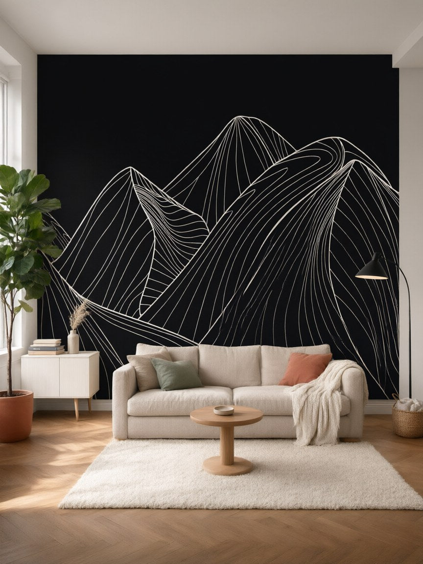 Papier peint panoramique Montagnes au trait posé au mur, vue 3