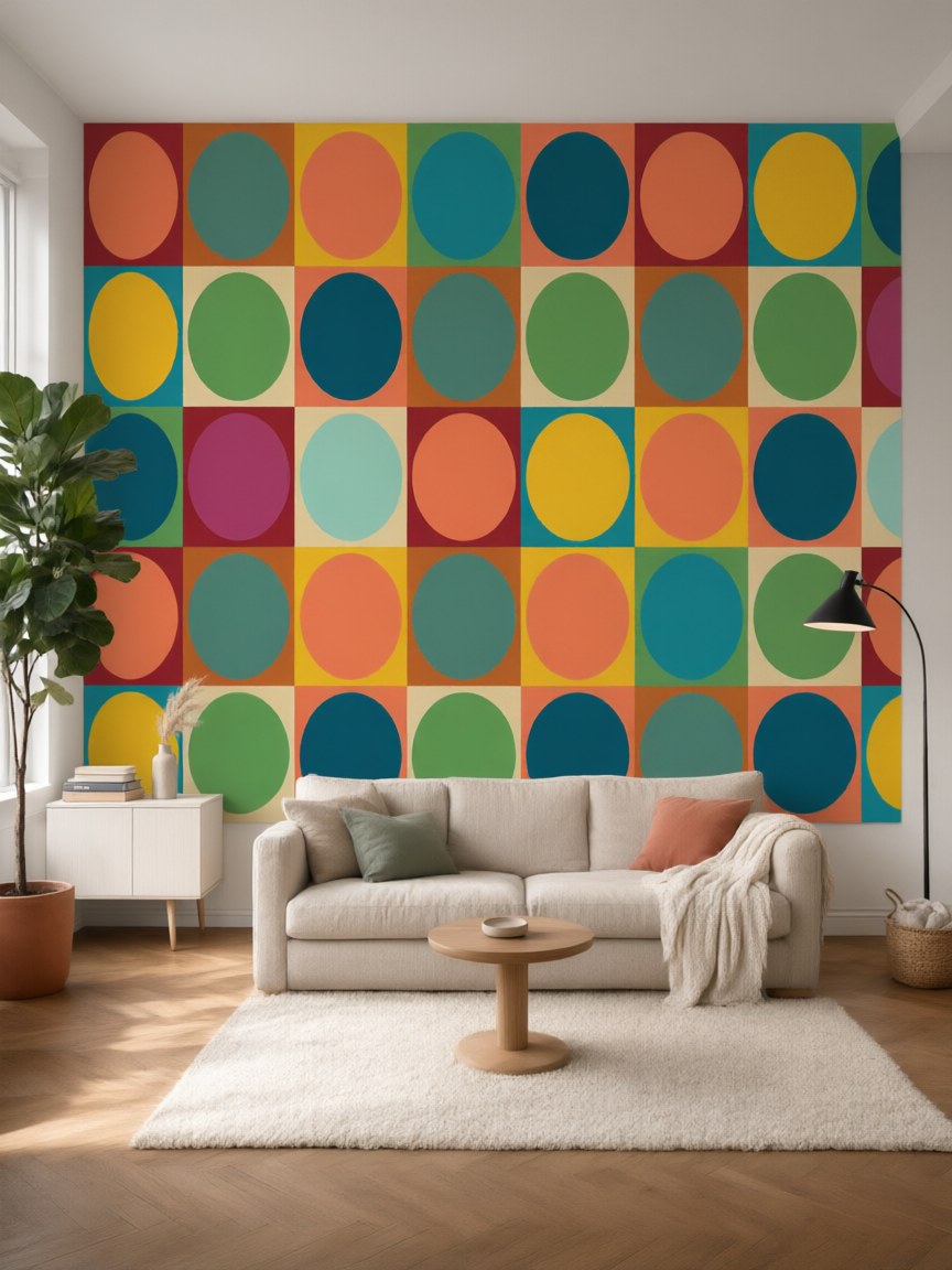 Papier peint panoramique Cercles vintage posé au mur, vue 5
