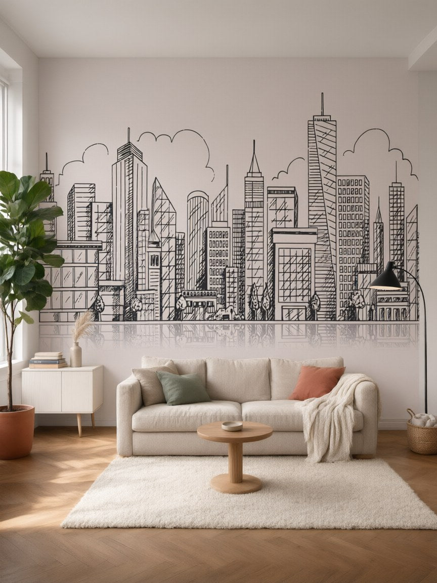 Papier peint panoramique Ville au trait posé au mur, vue 5