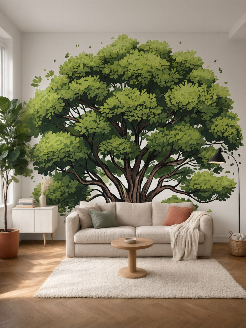 Papier peint panoramique Grand chêne posé au mur, vue 5