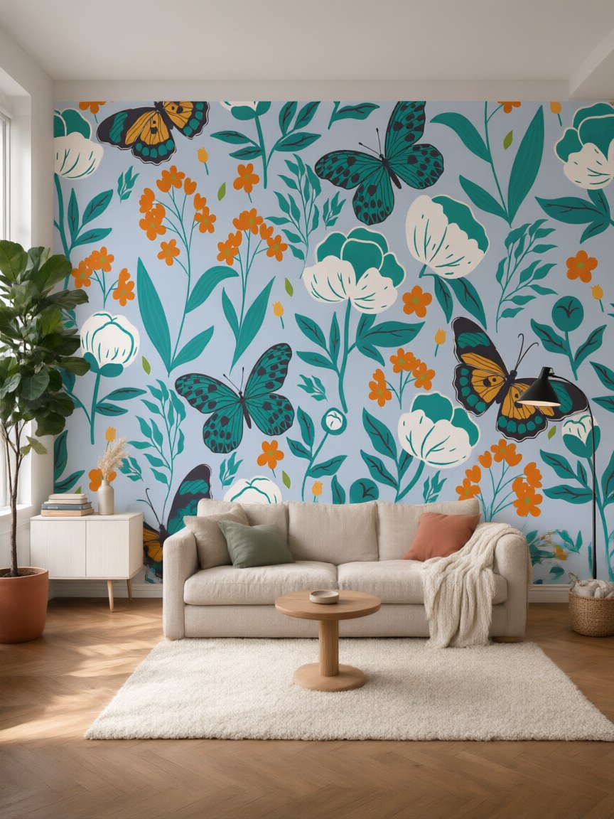 Papier peint panoramique Papillons et fleurs posé au mur, vue 5