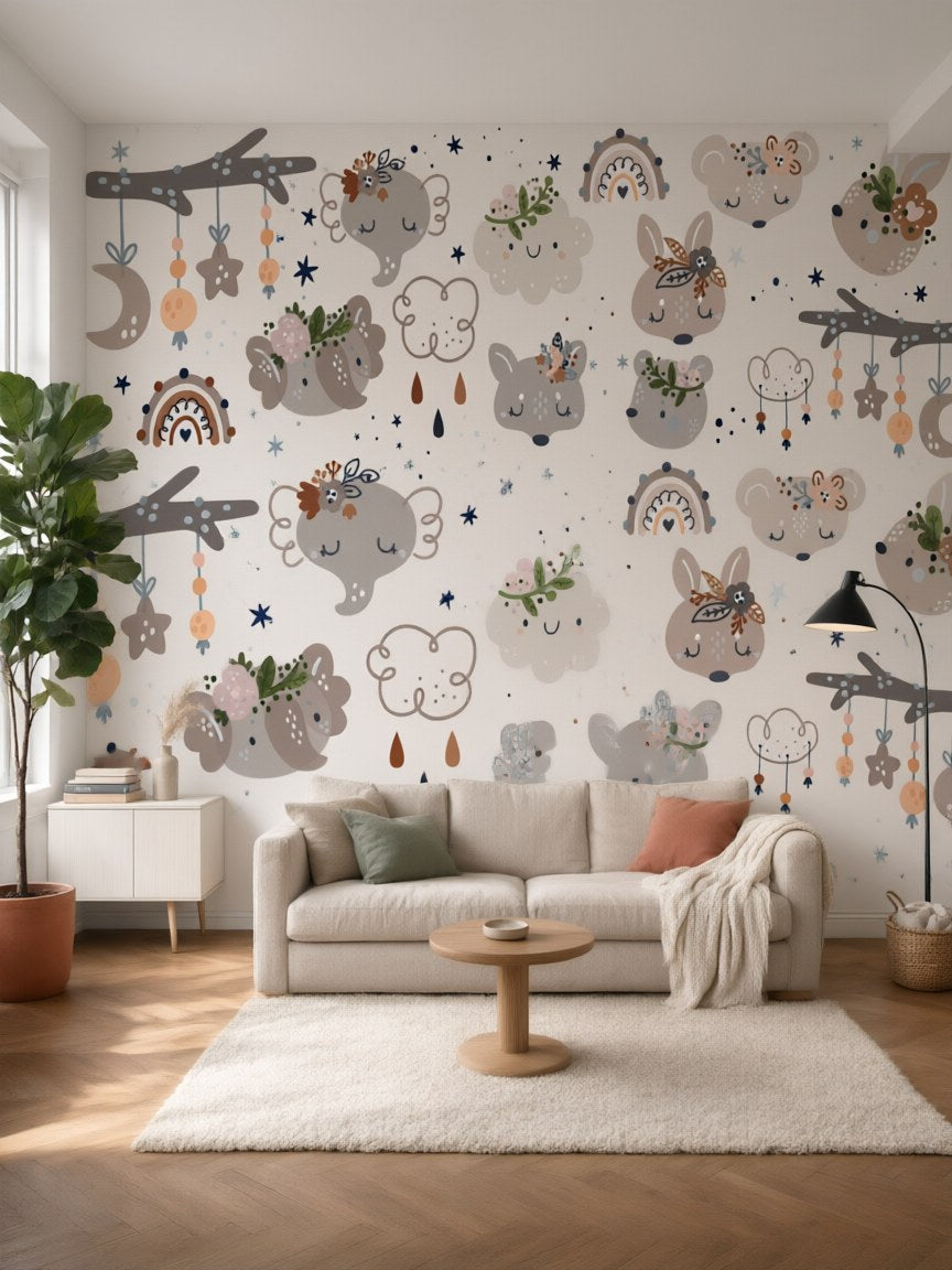 Papier peint panoramique Animaux bohème posé dans un salon