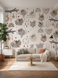 Papier peint panoramique Animaux bohème posé dans un salon