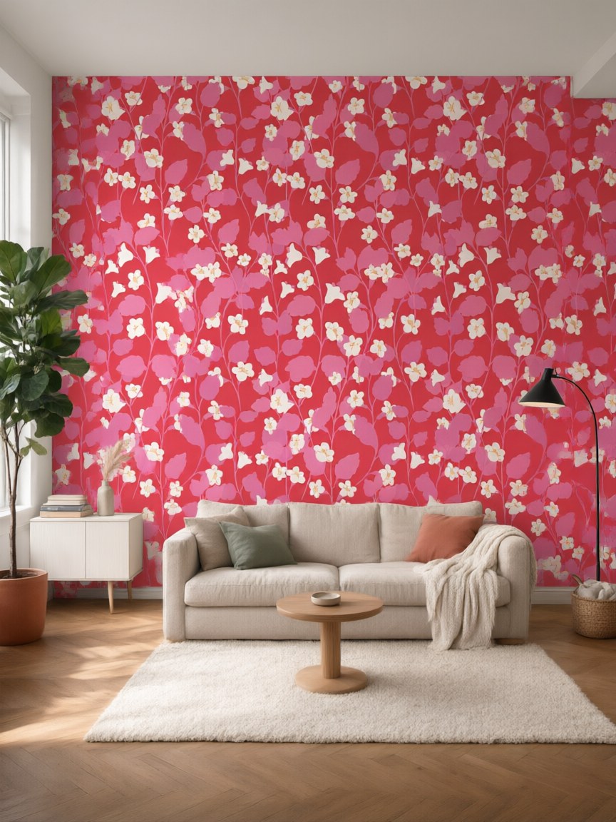 Papier peint panoramique Confettis fleuris posé au mur, vue 5