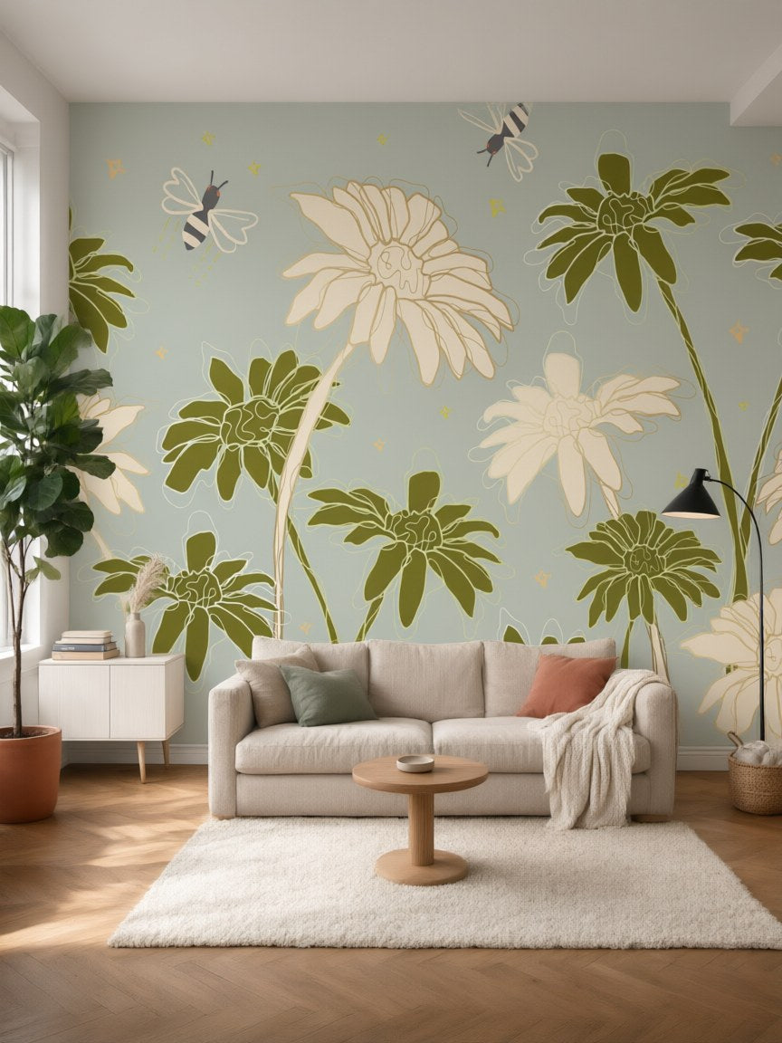 Papier peint panoramique Marguerites et abeilles posé au mur, vue 5