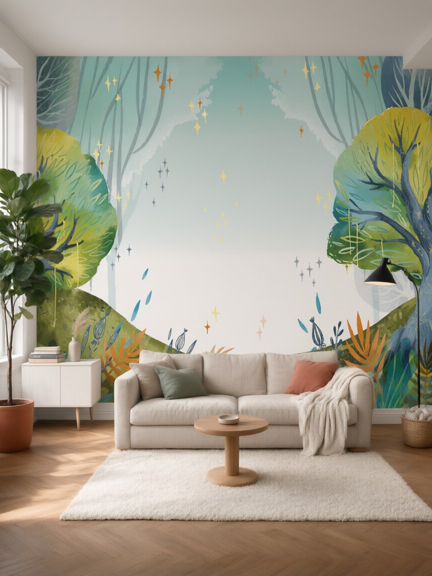 Papier peint panoramique Arbres enchantés posé au mur, vue 5