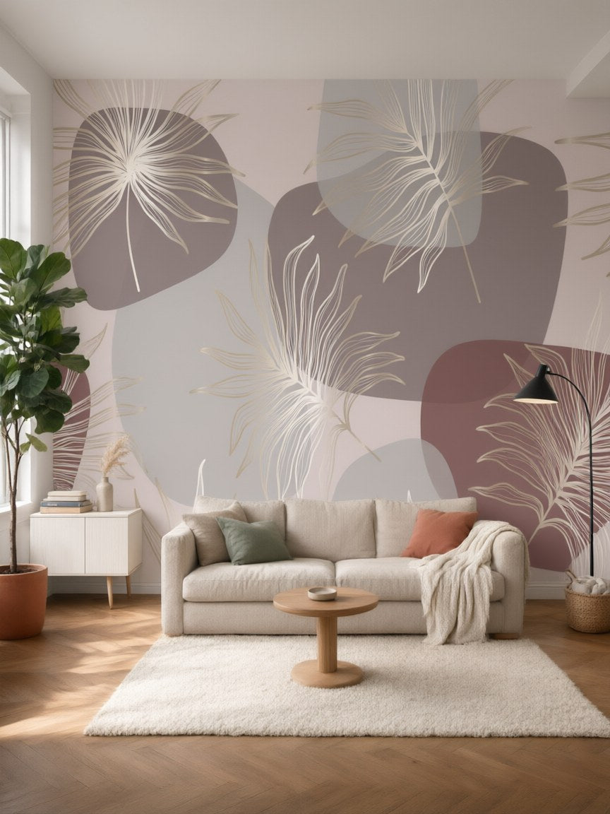 Papier peint panoramique Galets et plumes posé dans un salon