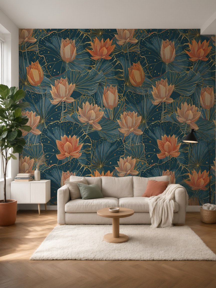 Papier peint panoramique Nénuphars de nuit posé au mur, vue 5