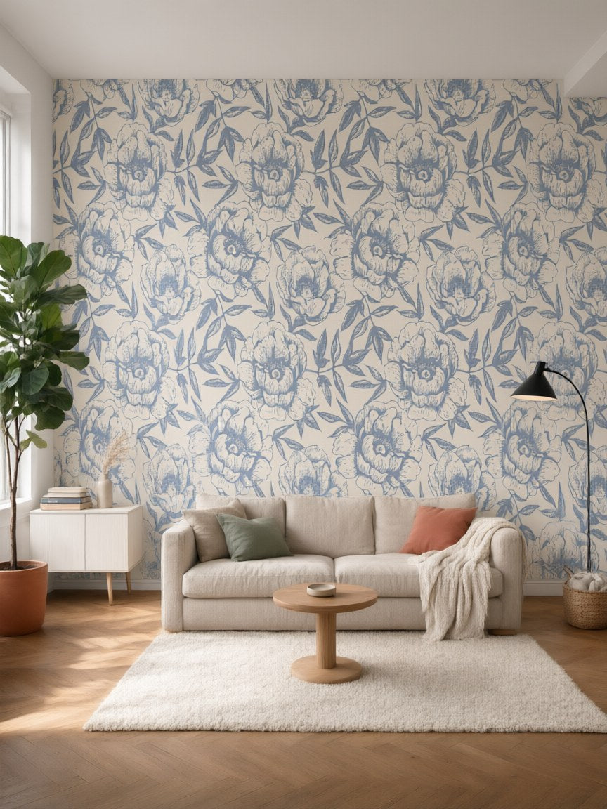 Papier peint panoramique Fleurs dessinées posé au mur, vue 5