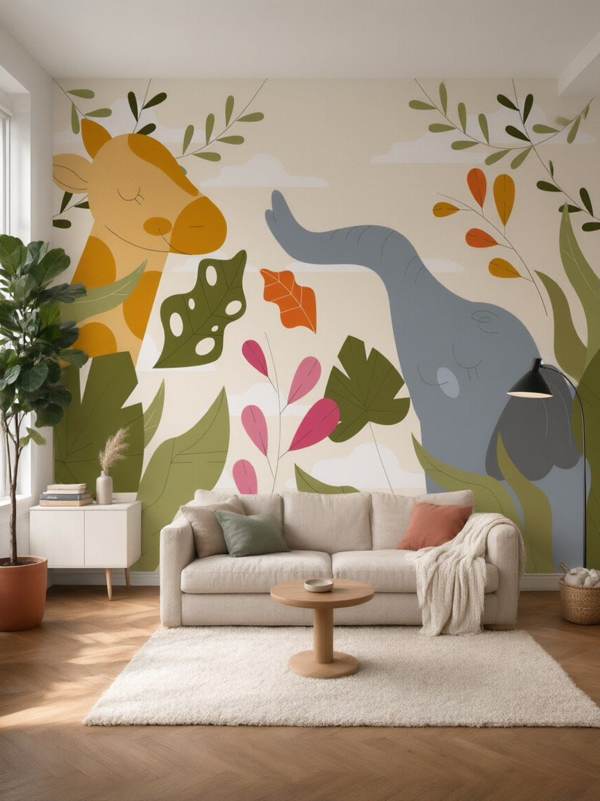 Papier peint panoramique Girafe et éléphant posé dans un salon
