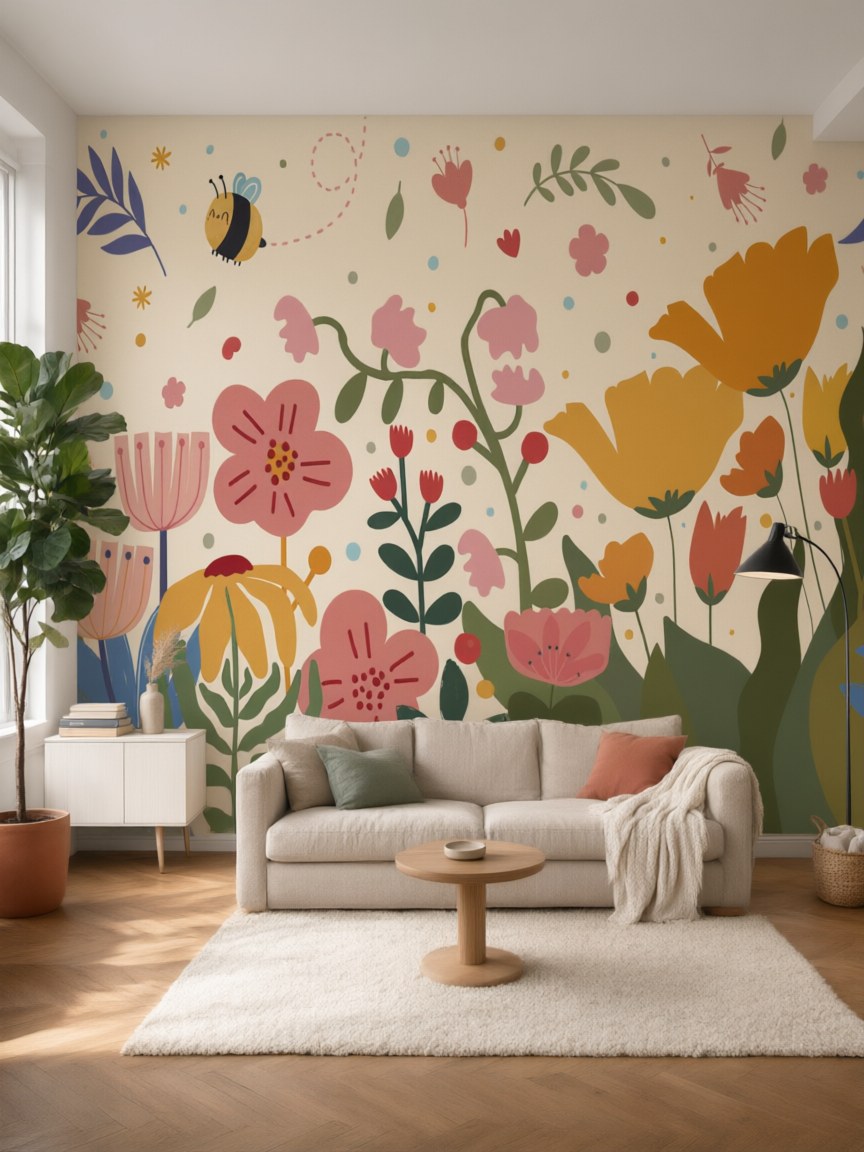 Papier peint panoramique Jardin et abeille posé au mur, vue 5