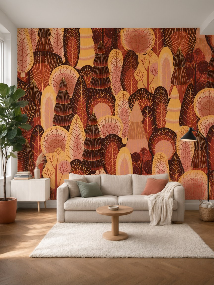 Papier peint panoramique Forêt d'automne posé dans un salon