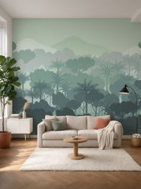 Papier peint panoramique Forêt tropicale dans la brume posé au mur, vue 5