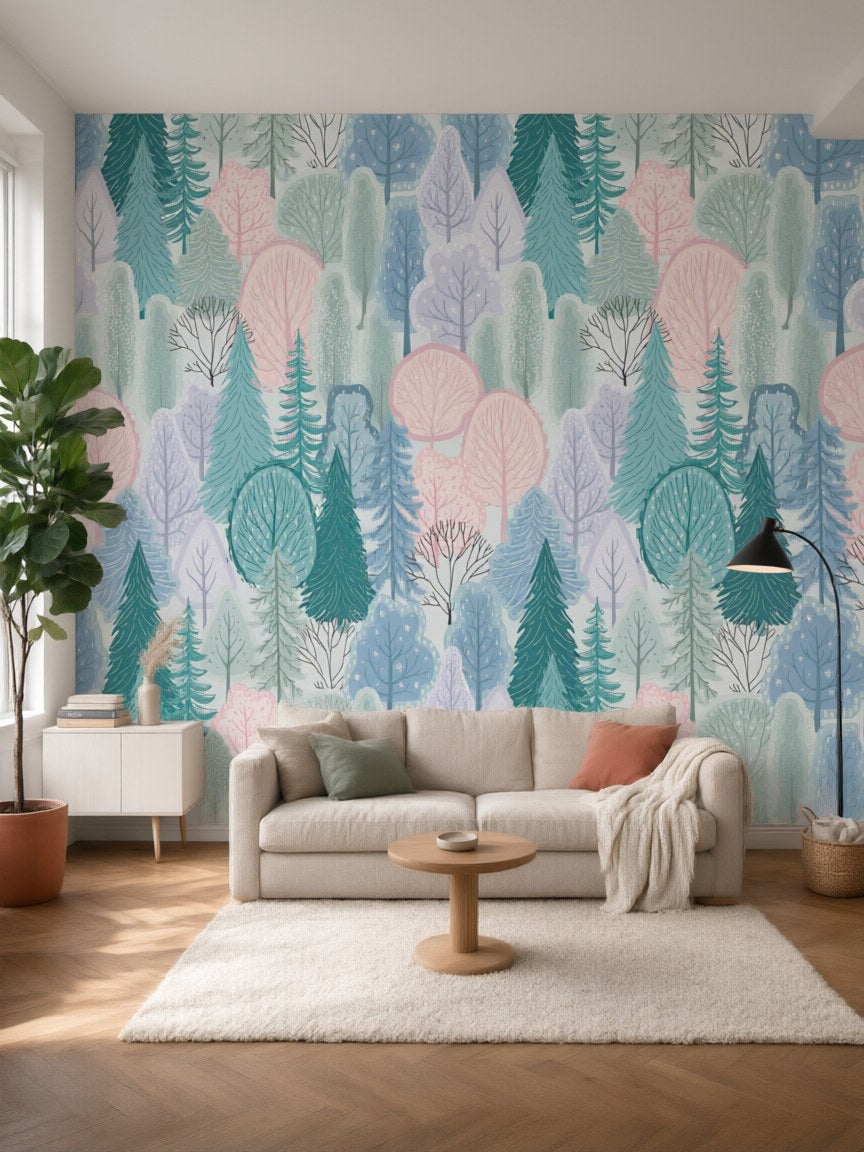 Papier peint panoramique Forêt pastel posé au mur, vue 5