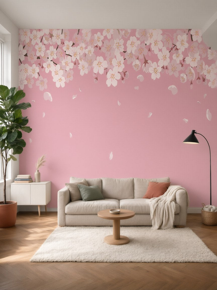Papier peint panoramique Pluie de cerisier posé au mur, vue 5