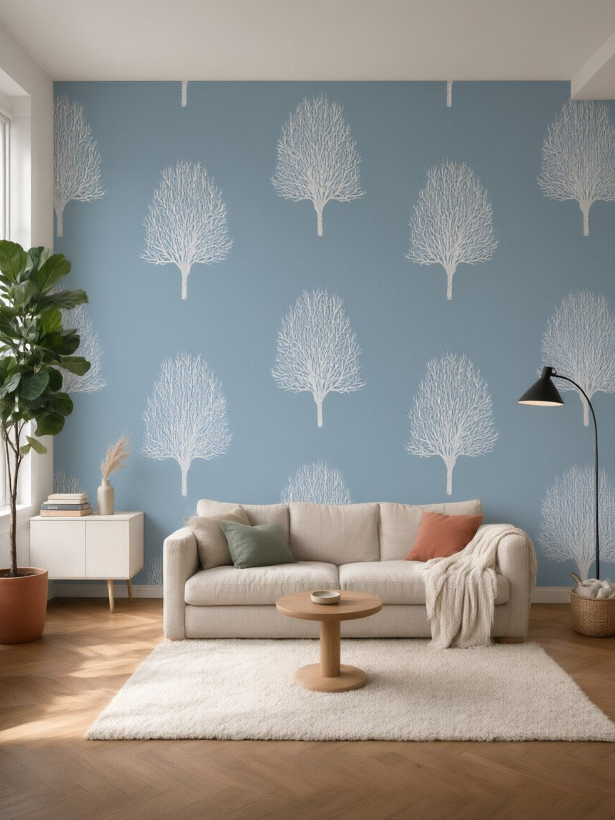 Papier peint panoramique Arbres blancs posé au mur, vue 5